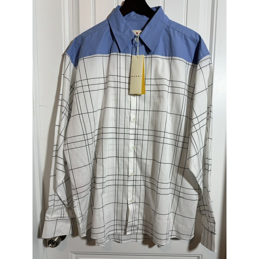 Marni Checked Button-Down Shirt With Blue Yoke – White/Black – IT 50 (L) NWT